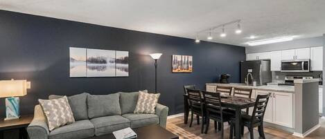 Smart TV, fireplace, DVD player, foosball