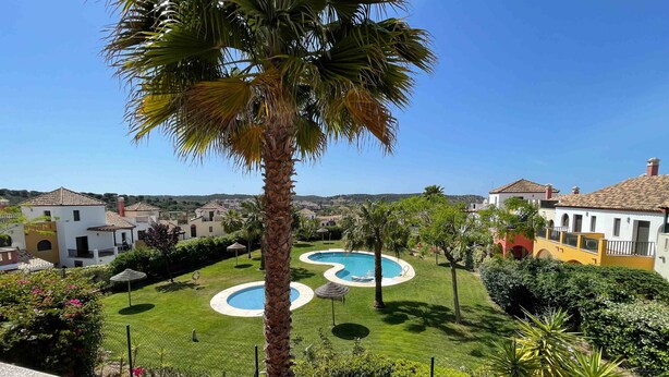 A residential area with a swimming pool, palm trees, and houses with tiled roofs.