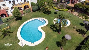 A large, irregularly shaped swimming pool surrounded by well-maintained grass and palm trees.