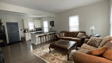 Smart TV, fireplace, books