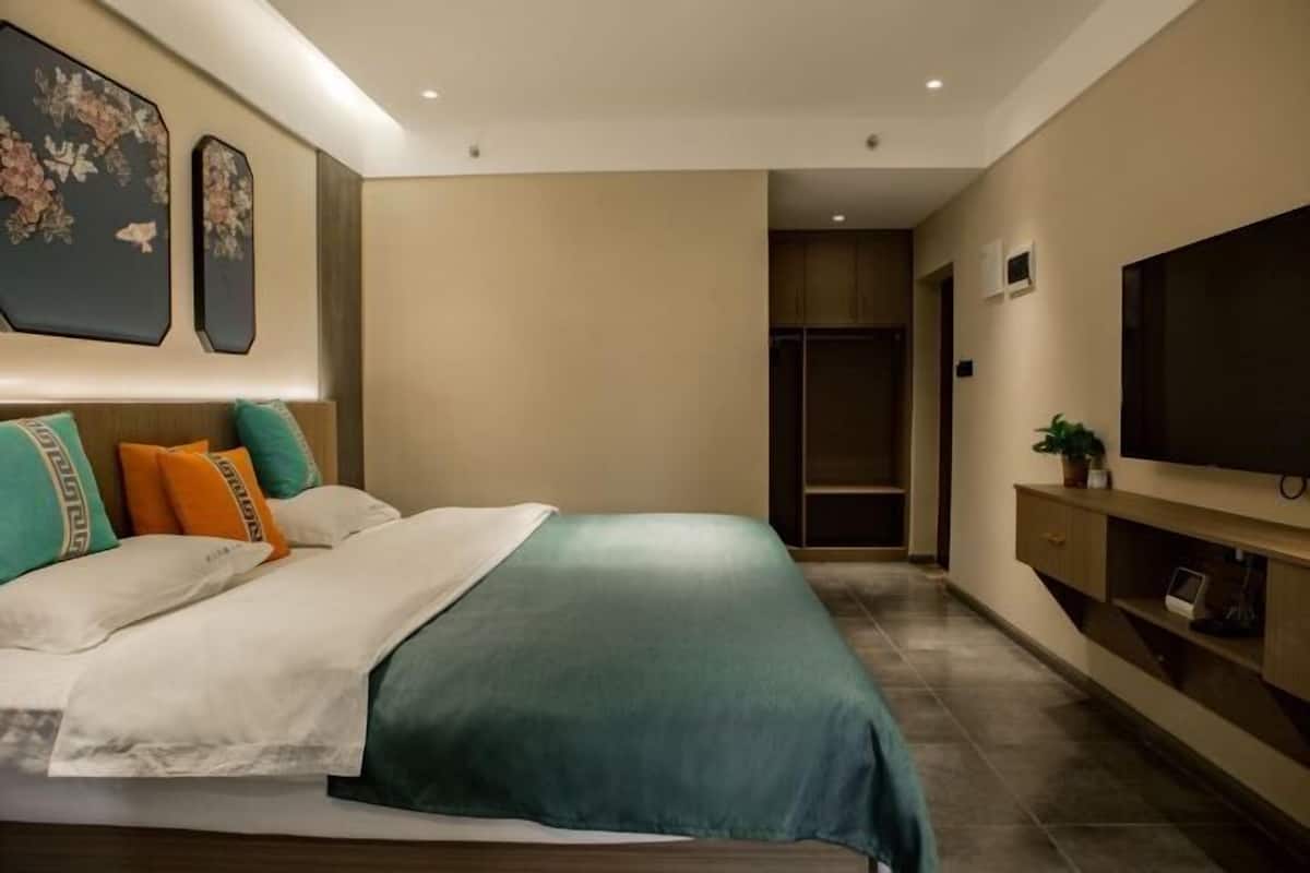 Une chambre moderne avec un grand lit, une télévision et une petite plante.
