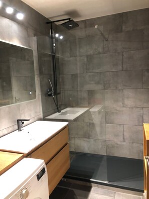 Shower, hair dryer, towels, toilet paper