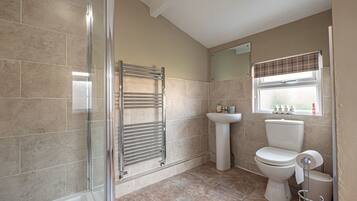 Shower, towels, toilet paper