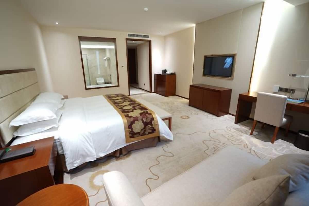 Een hotelkamer met een bed, een bureau, een stoel, een televisie en een badkamers deur.