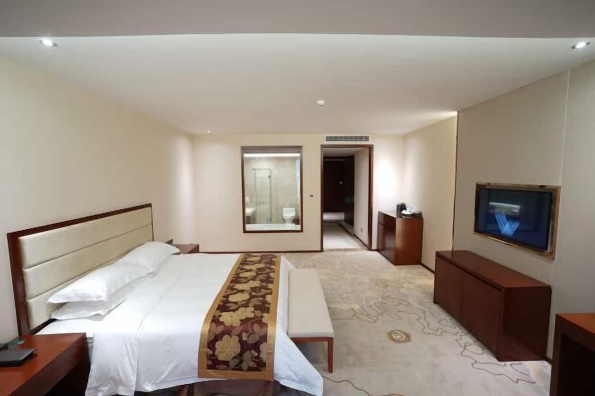 Een hotelkamer met een bed, een bankje, een televisie, een bureau en een spiegel.