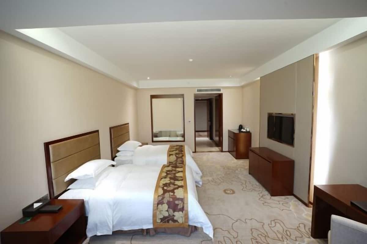 Een hotelkamer met een groot bed, een televisie, een bureau en een spiegel.