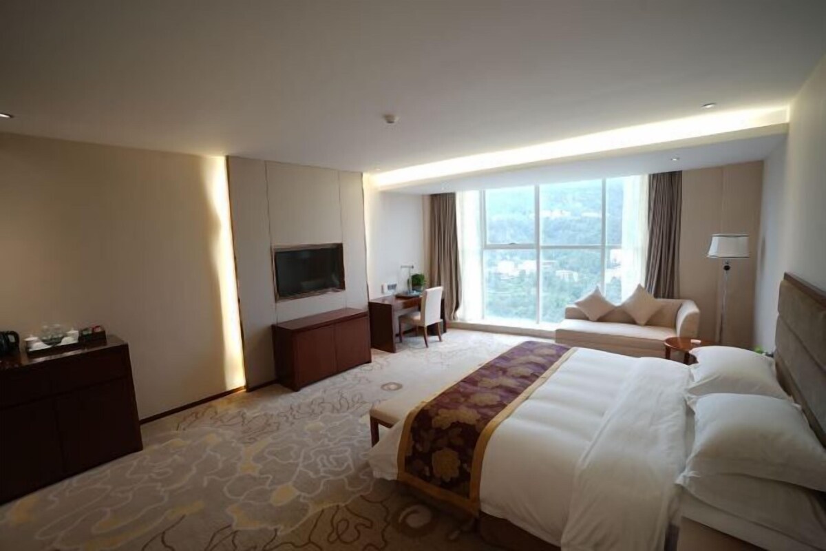 A hotel room with a large bed, a desk, a TV, and a view of the city.