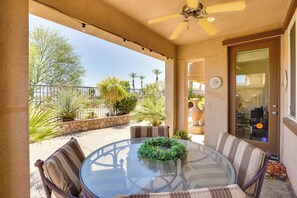 Outdoor dining - Mtn Views & Resort Perks: Palm Desert Escape! (Palm Desert)