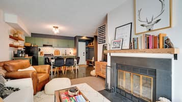 TV, fireplace, DVD player, books