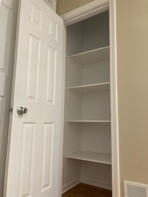 A closed white door with a silver handle, leading to a closet with three empty shelves.