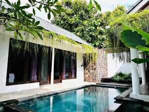 A swimming pool with a stone wall and hanging plants. - Omatha Village (Denpasar)