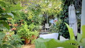 Un camí de jardí que condueix a una cadira blanca sota una pergola, envoltat de vegetació exuberant i plantes en testos.