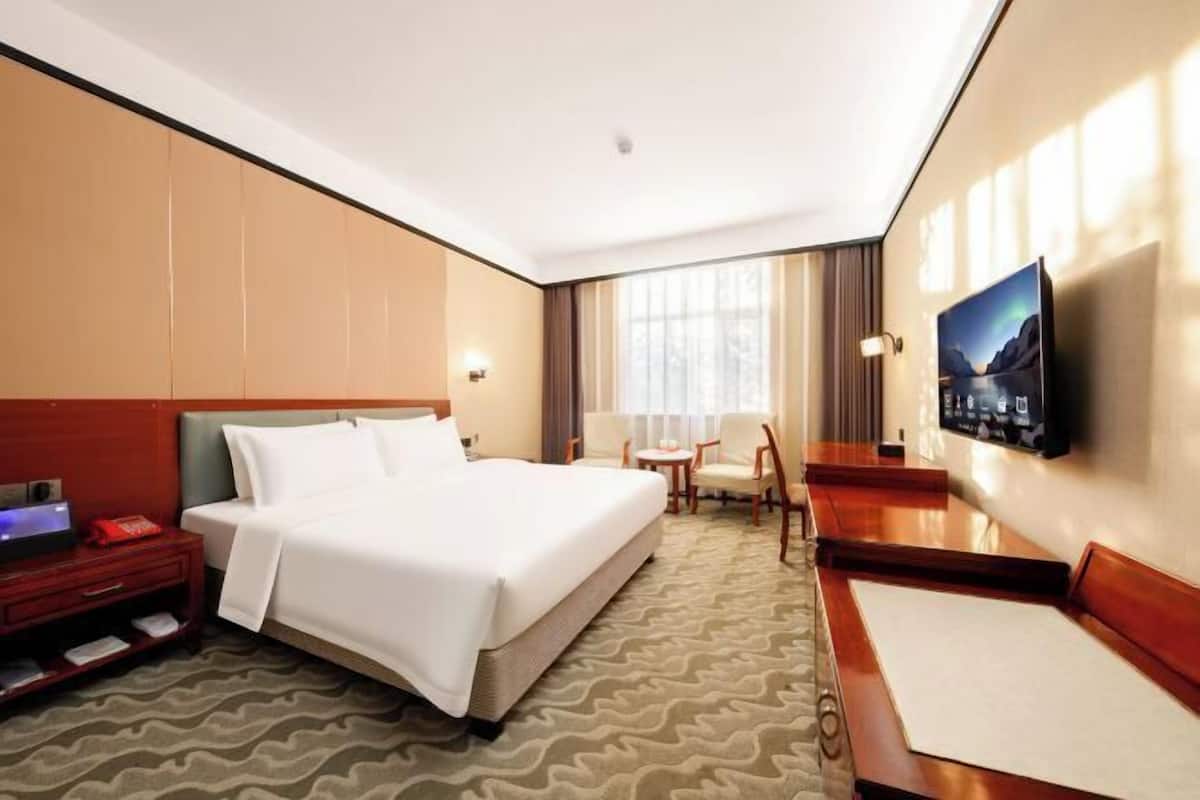Une chambre d’hôtel avec un lit, un bureau, une chaise, une télévision et une fenêtre.