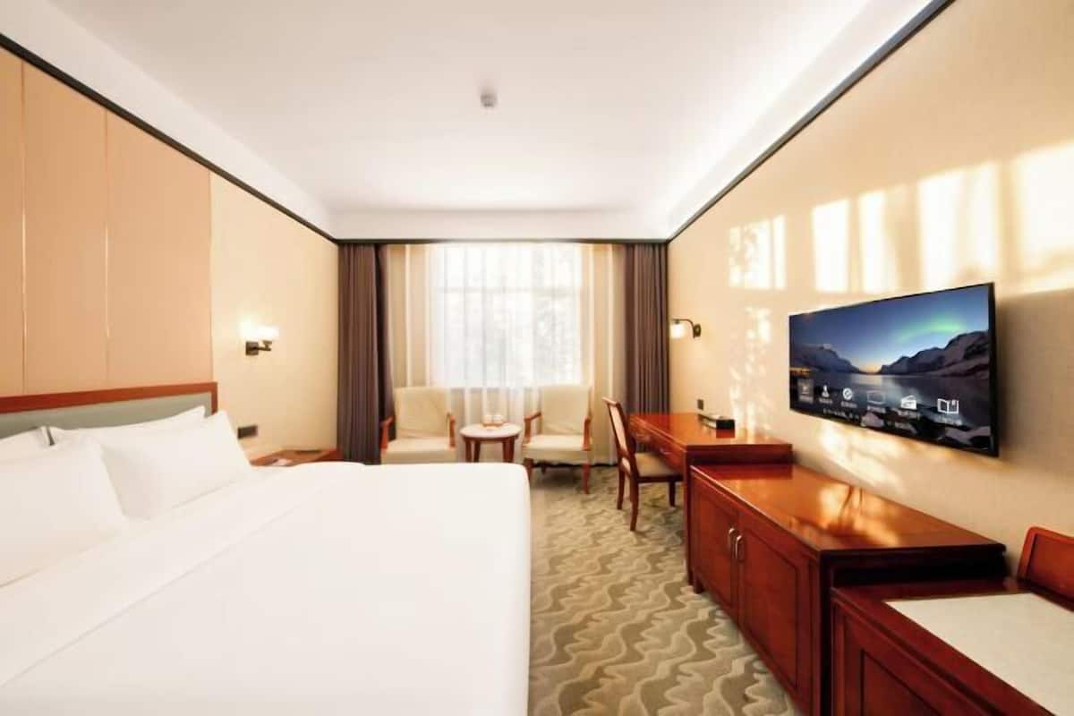 Une chambre d’hôtel équipée d’un lit, d’un bureau, d’une chaise, d’une télévision et d’une fenêtre avec des rideaux.