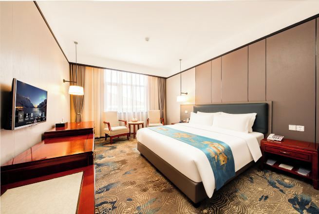 A hotel room with a large bed, a desk, a TV, and a window with curtains.