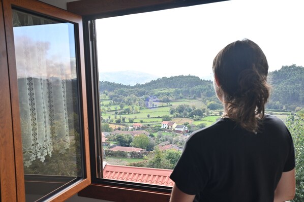A person standing by a window with a view of a rural landscape, including fields and houses.