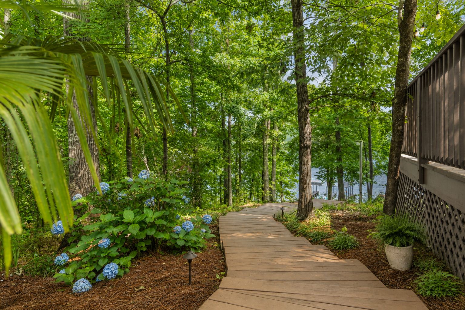 Un sentier en bois, bordé d’une végétation luxuriante et de fleurs d’hortensia.