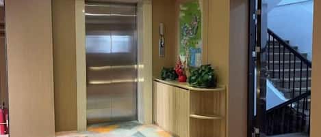 Un ascensor con detalles metálicos, un mostrador de recepción con una planta y una alfombra roja que conduce a una escalera.