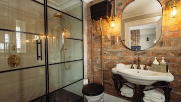 A bathroom with a glass-enclosed shower, a white sink with gold fixtures, and a large mirror.