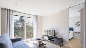 A modern living room with a grey sofa, a coffee table, a TV on a black stand, and a sliding glass door leading to a balcony with a view of trees. - PALACIO REAL - MADRID, 2HH, 2 BAÑOS, 6 PAX (Madrid)