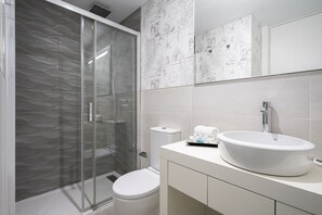 Shower, hair dryer, soap, toilet paper