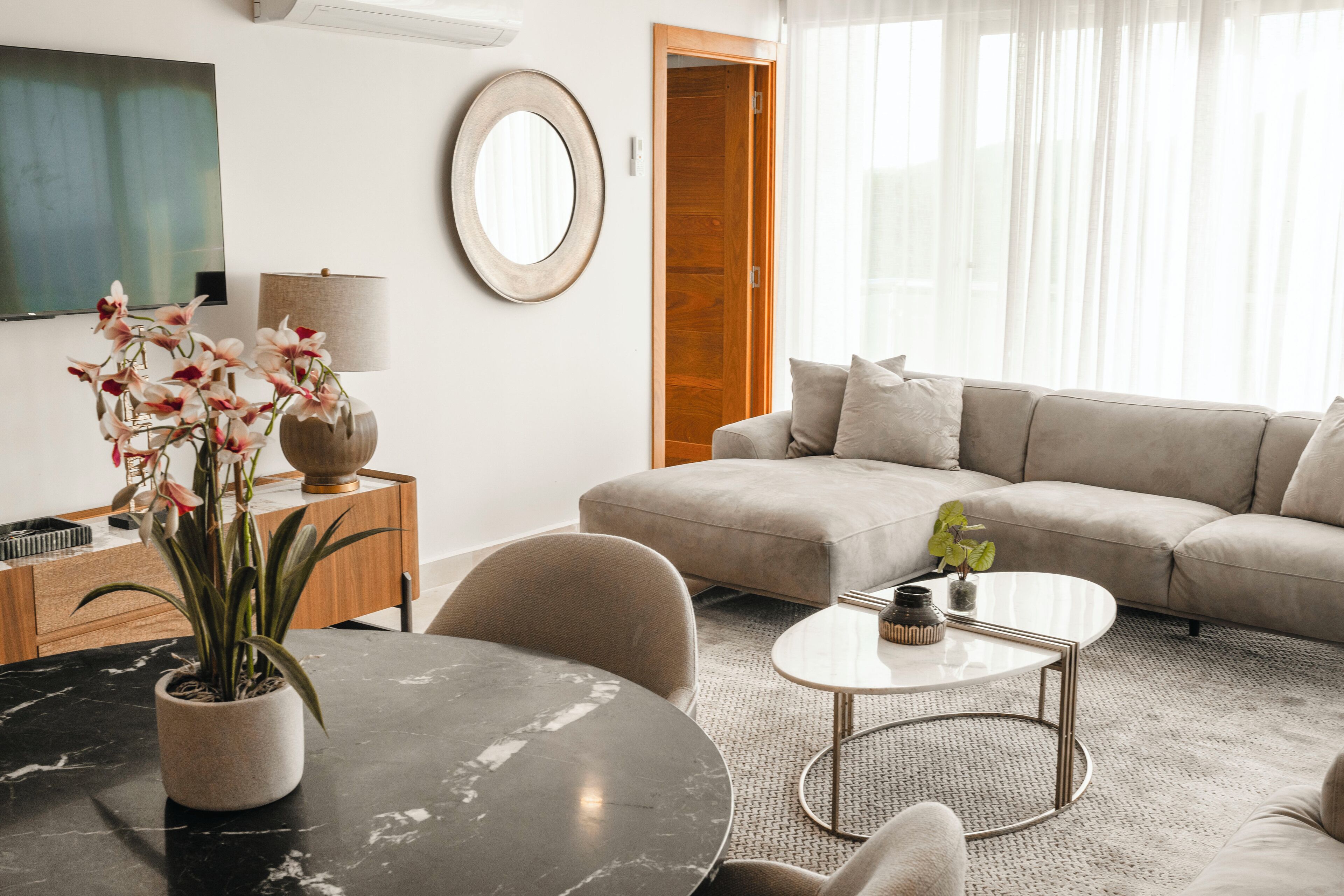A modern living room with a sofa, a round coffee table, and a dining table with a potted plant.