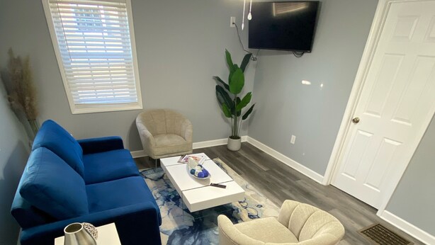Een woonkamer met een blauwe bank, een witte salontafel, een beige fauteuil, een grote potplant en een plafondventilator.