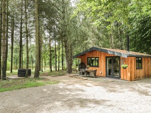A wooden cabin with a patio area, surrounded by tall trees. - Lake View Lodge (Scarborough)
