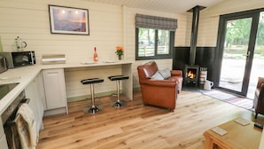 Un salon chaleureux avec une cheminée, un plancher en bois, un canapé et un coin cuisine équipé d’un four à micro-ondes et d’une machine à café.