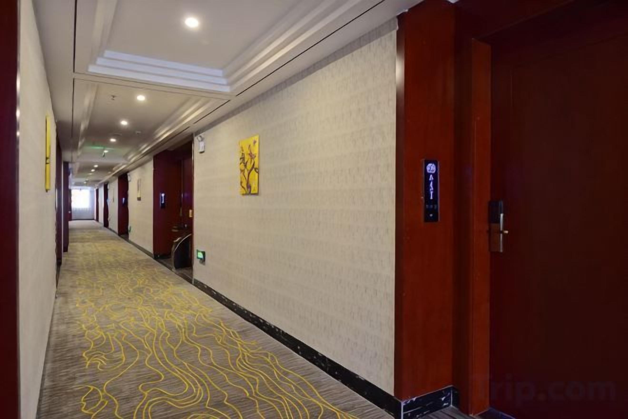 A hotel corridor with a patterned carpet, wooden doors, and a wall-mounted artwork.