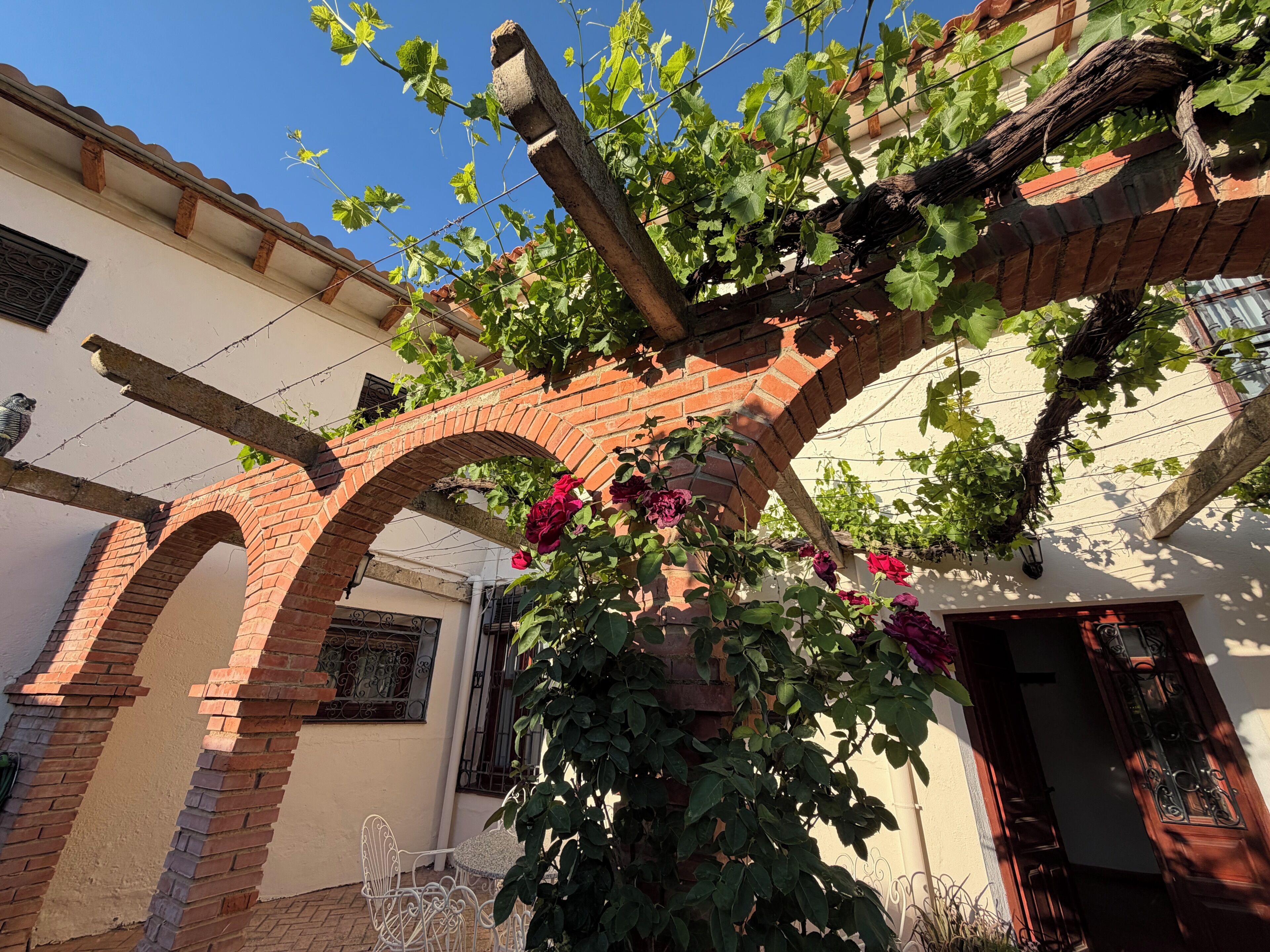 A brick archway with climbing plants and flowers, a metal chair, and a door.