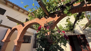 A brick archway with climbing plants and flowers, a metal chair, and a door.