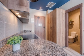 A modern bathroom with a granite countertop, wooden cabinets, and a visible toilet. - Livensa Living Studios Valencia Marina Real (Valencia)