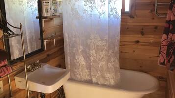 Combined shower/tub, hair dryer, towels, soap
