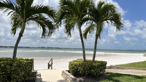 A pathway leading to a beach with palm trees and a view of the ocean.