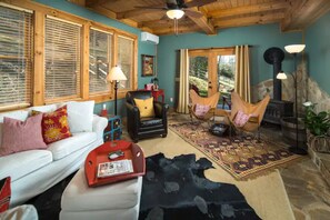 Smart TV, fireplace, books