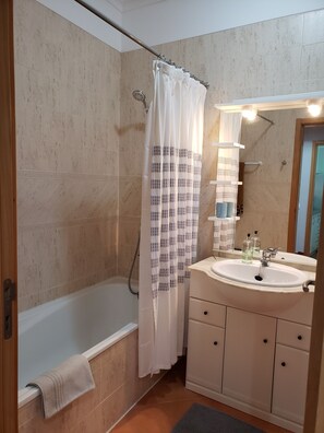 Combined shower/tub, hair dryer, bidet, towels