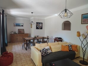 TV connectée, cheminée, lecteur de DVD, livres