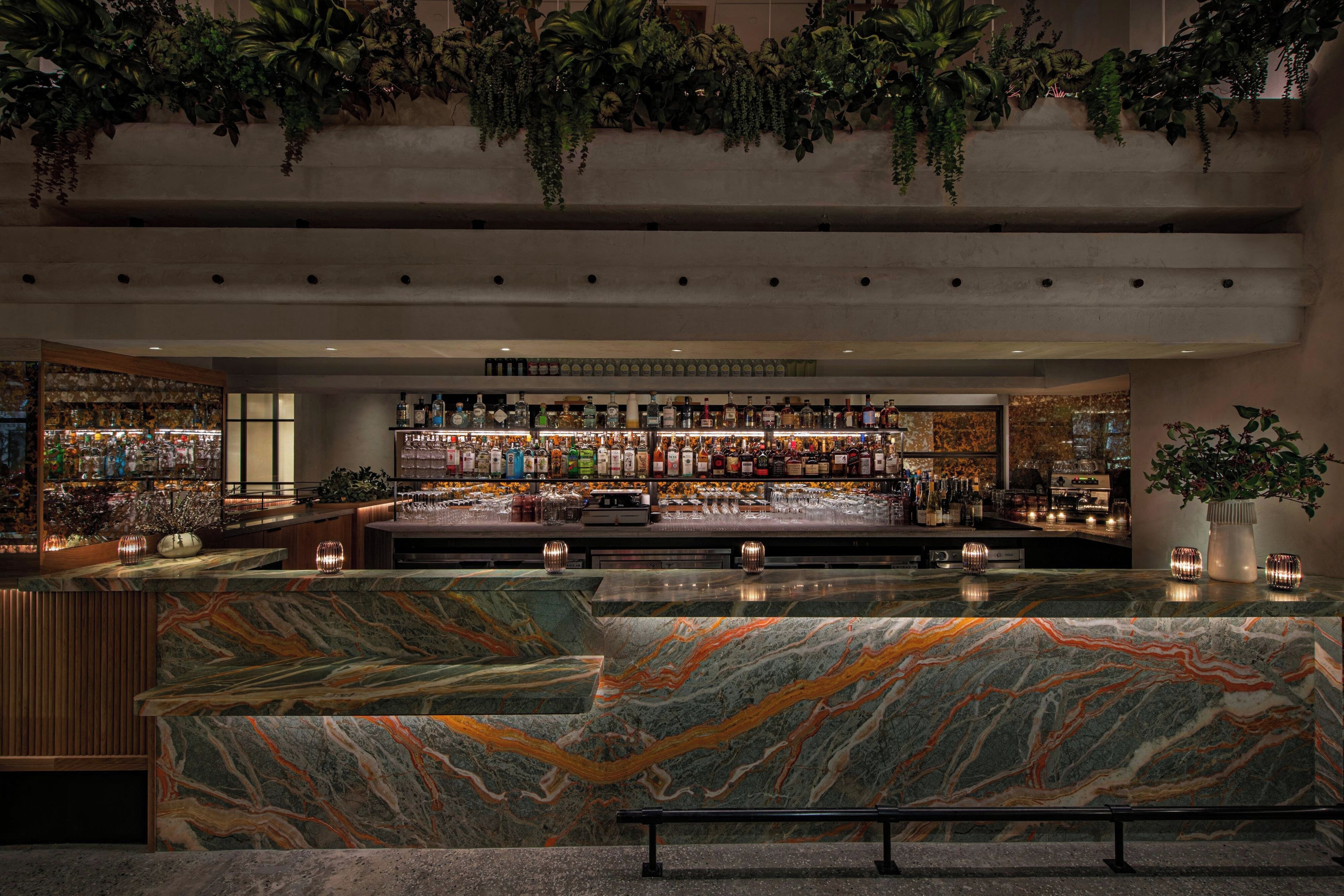 Una zona de bar con mostrador de mármol, estanterías llenas de botellas de licor y plantas colgantes.