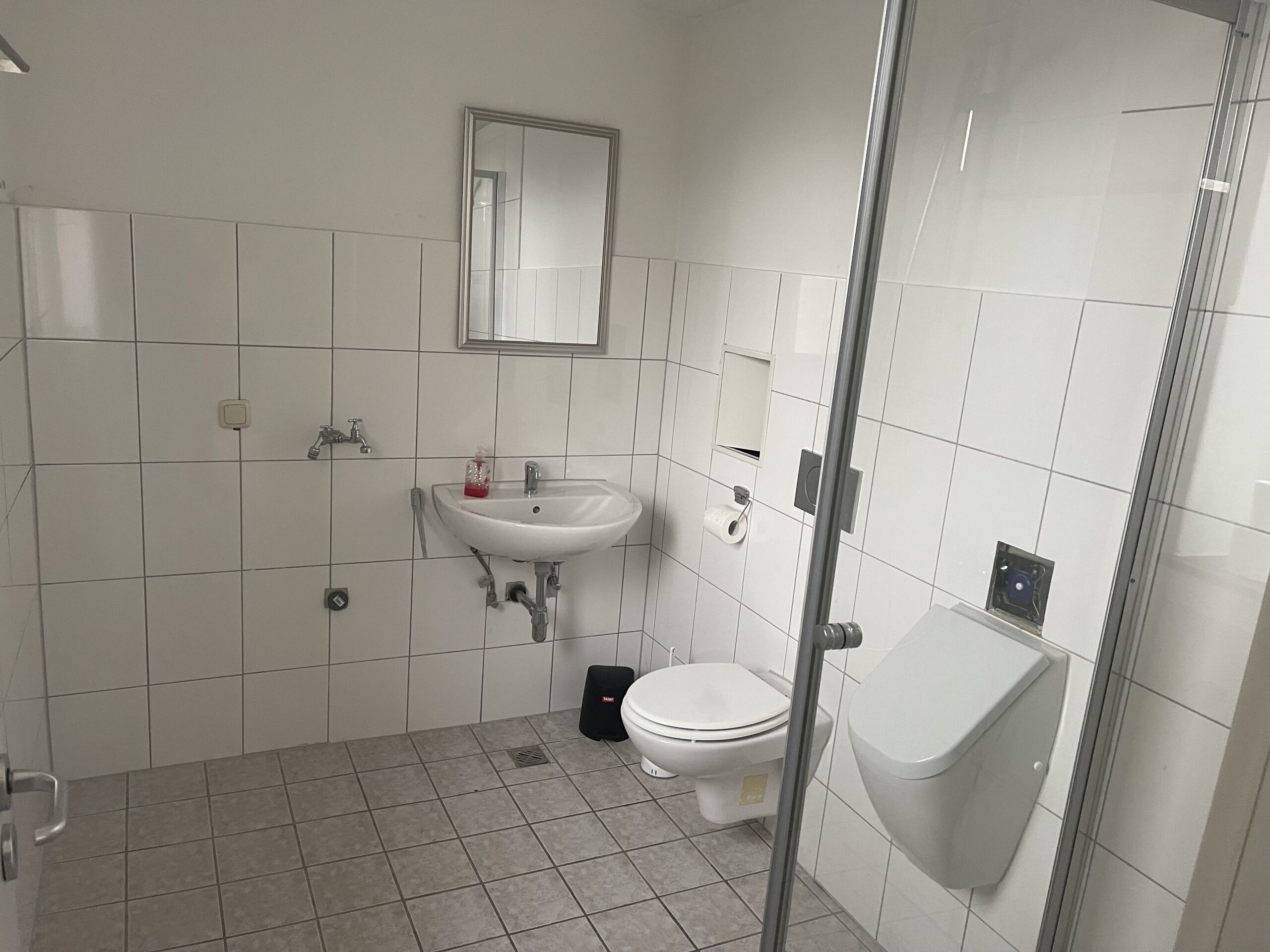 A bathroom with a white sink, toilet, and shower area.