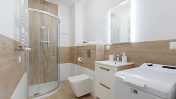 Dusche, Haartrockner, Handtücher, Shampoo