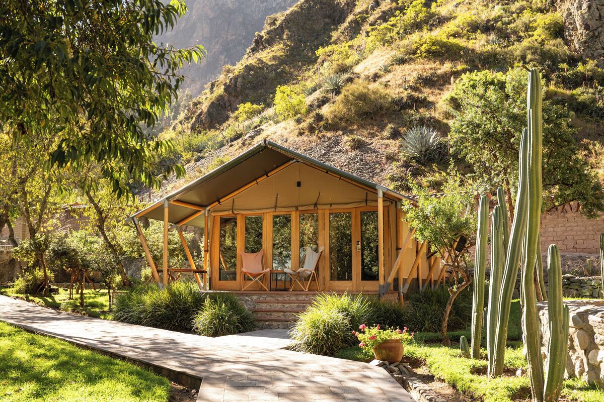 Une cabane en bois avec une véranda, deux chaises et un jardin de cactus.