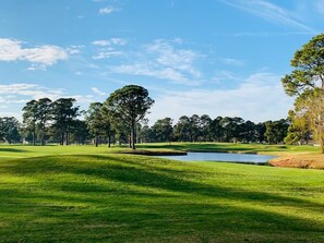 A golf course with a pond, trees, and a clear sky. - Cute, stylish and comfy condo in the center of MB (Myrtle Beach)