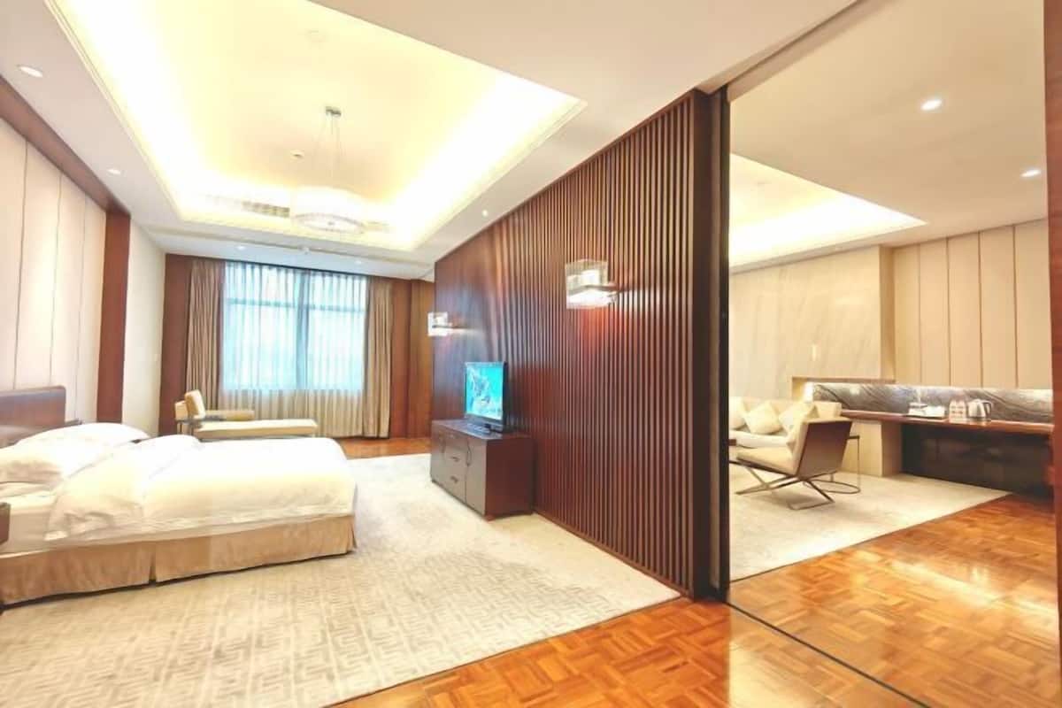 Una habitación de hotel moderna con una cama grande, un televisor, un escritorio y un sofá.