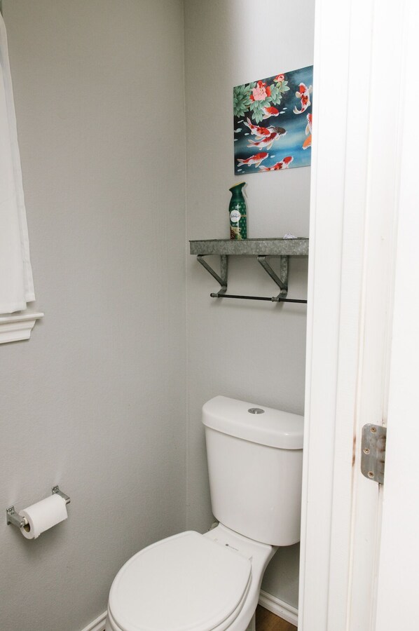 A small bathroom with a toilet, a toilet paper holder, and a shelf with a decorative painting. - The Koi House Georgetown: 35 Minutes from Downtown Austin and Airport (Georgetown)