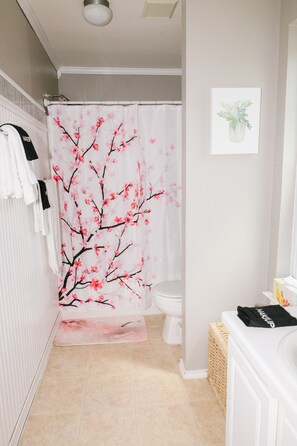Combined shower/tub, hair dryer, towels, soap