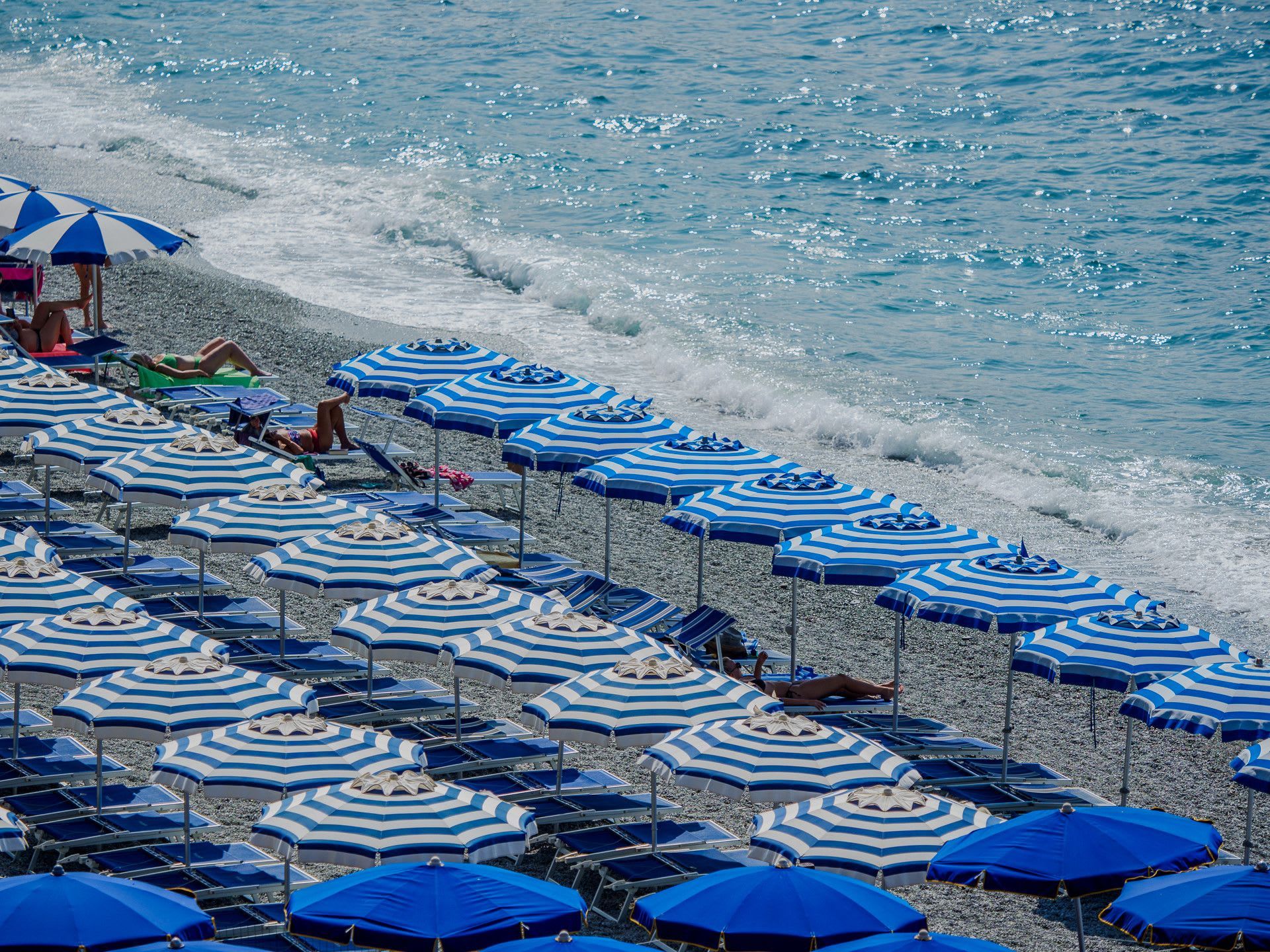 A beach with rows of blue and white striped umbrellas and lounge chairs.