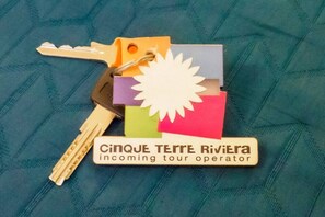 Llaves, una placa con nombre y tarjetas de colores sobre una superficie con textura.