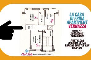 Grundriss der Wohnung La Casa Di Frida in Veronazz, mit 2 Schlafzimmern, 1 Badezimmer und einem Innenhof im Schatten.