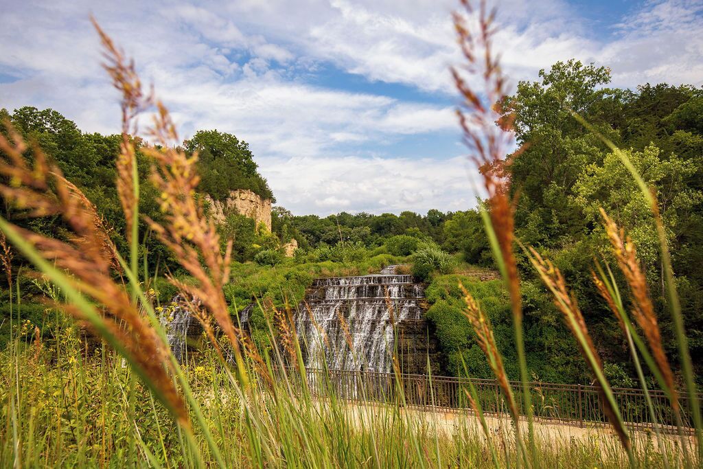 Une cascade entourée d’une végétation luxuriante, sous un ciel dégagé.
